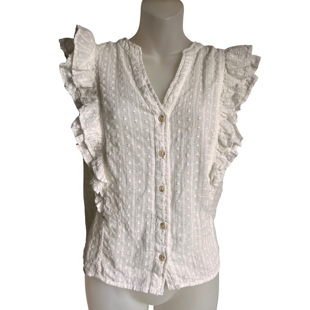 Anthropologie Women Small Sleeveless Ivory Swiss Dot Ruffle Top Boho Cottagecore